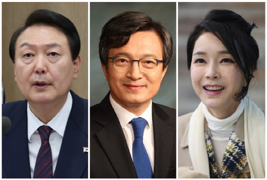 (왼쪽부터) 윤석열 대통령, 김의겸 더불어민주당 대변인, 김건희 여사. <대통령실, 김의겸 의원실 제공>